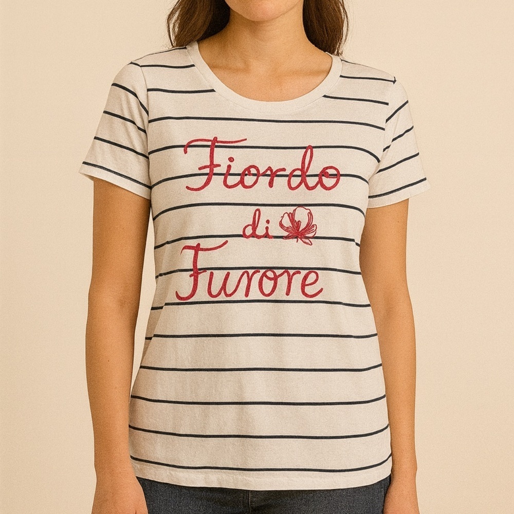 Reserved White and Black Striped Tee with Red Accents